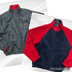 VINTAGE Nautica Jacket XLarge Reversible Green Blue‎ Plaid Fleece Zip 90s Preppy